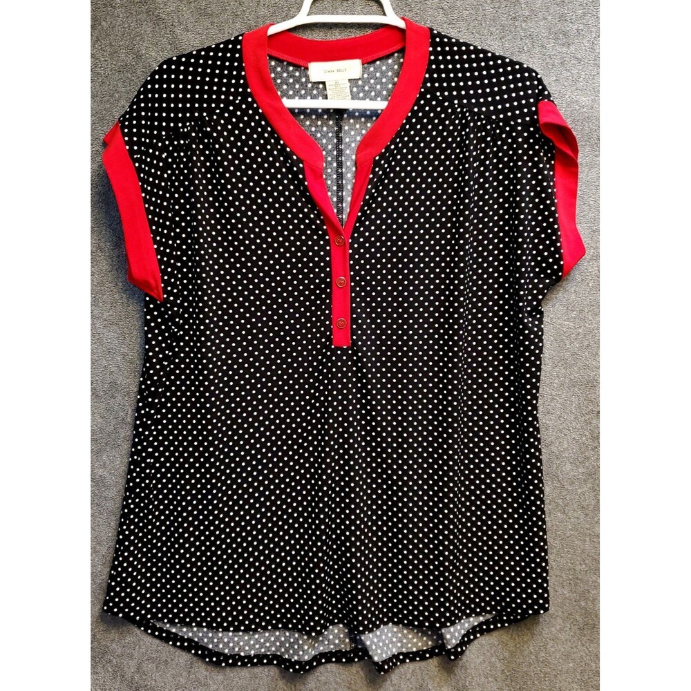 Diana Bell Women's Shirt Top Black & White Polka Dot with Red Trim, XL